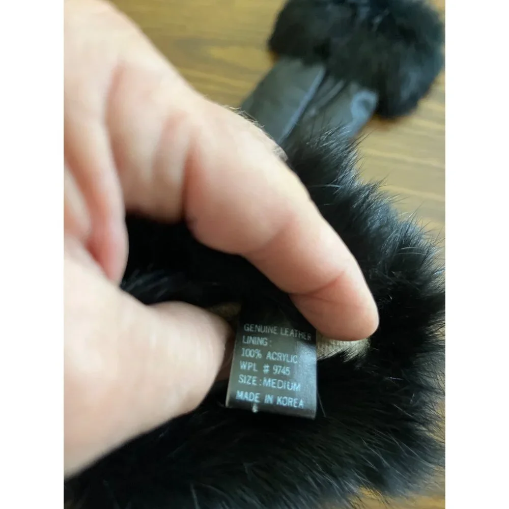 Genuine leather black lined gloves with faux fur trim size Medium